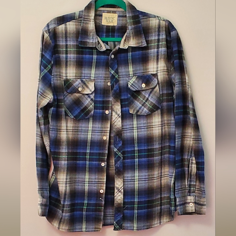 Rustic blue flannel shirt. Blue and gray plaid. Large